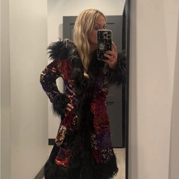 Price drop  Colorful Goth velour penny lane patchwork black faux fur trim coat - Picture 3 of 4